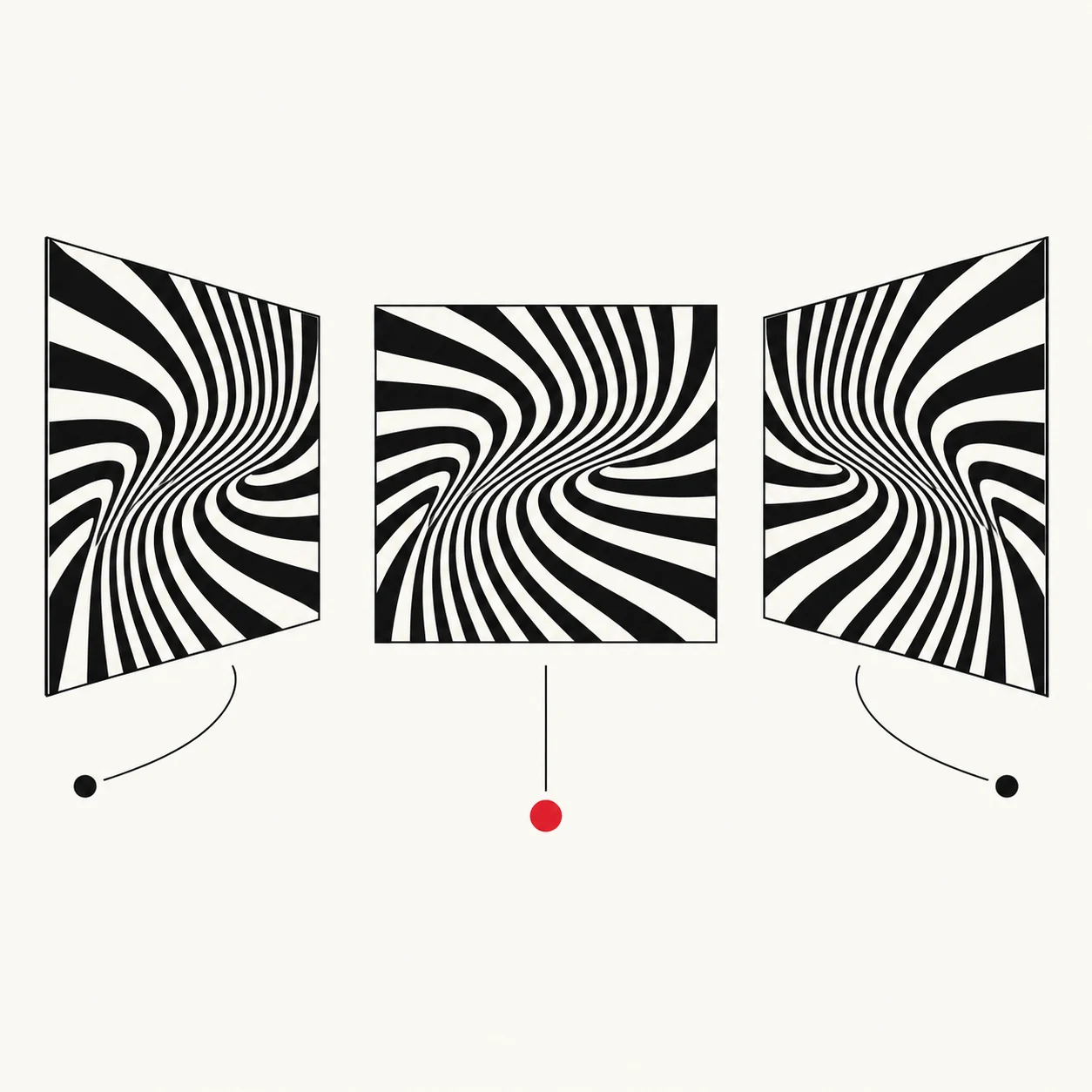 Tres posiciones de observación frente a una obra geométrica que modifican su lectura visual.